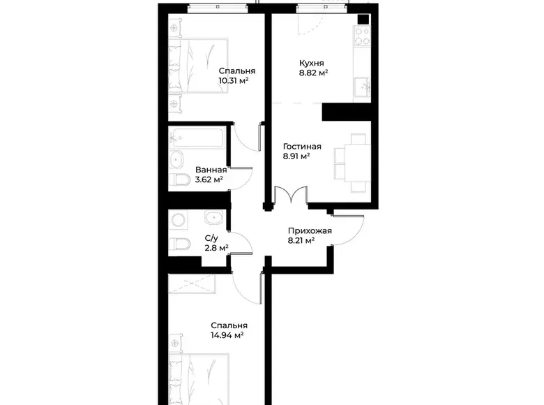 Сотилади 2 хонали квартира, 59 м², 15/15 қават — Миробод тумани