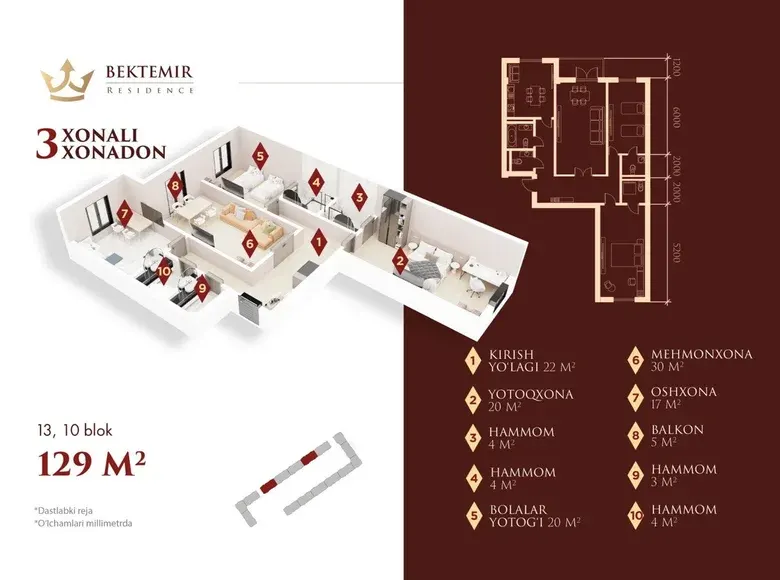 Продаётся 3-комнатная квартира, 129 м², 10/10 этаж — Бектемирский район