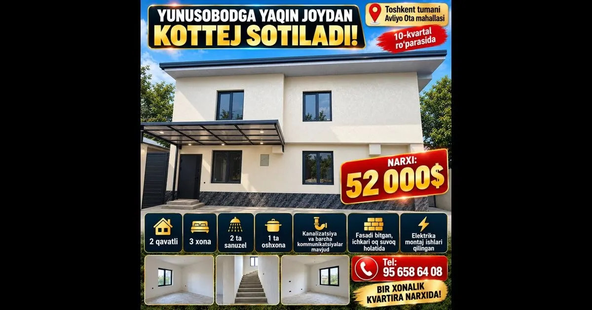 Sotiladi 3 xonali hovli uy, 75 m², 2 qavatli — Toshkent tumani