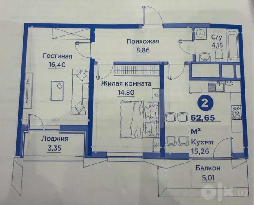 Сотилади 2 хонали квартира, 62.6 м², 13/15 қават — Мирзо Улуғбек тумани