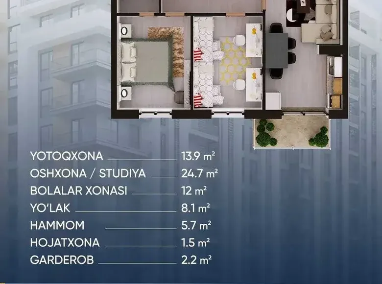 Сотилади 2 хонали квартира, 77 м², 3/12 қават — Мирзо Улуғбек тумани