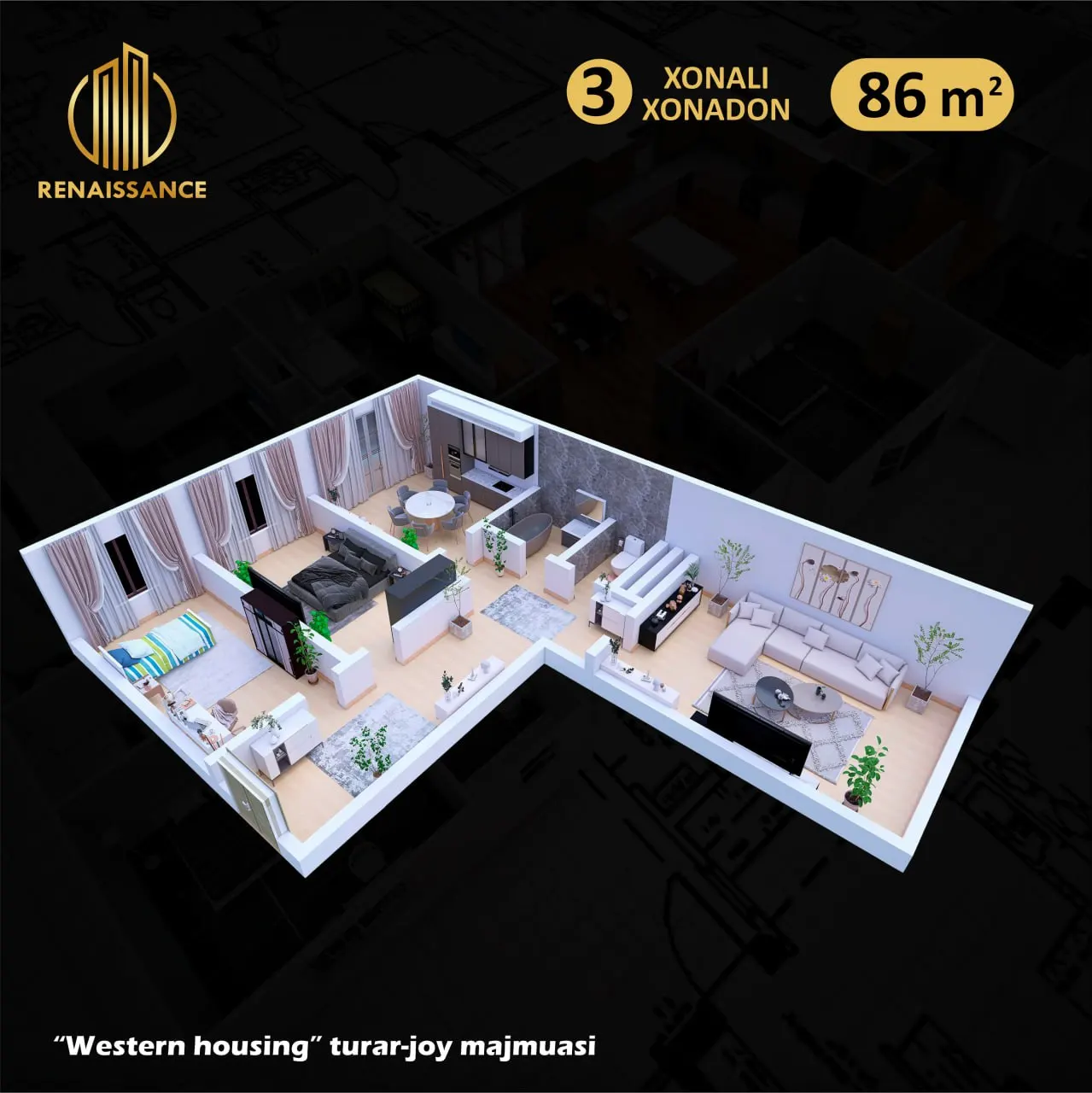 Сотилади 3 хонали квартира, 88 м², 9/10 қават — Сергели тумани