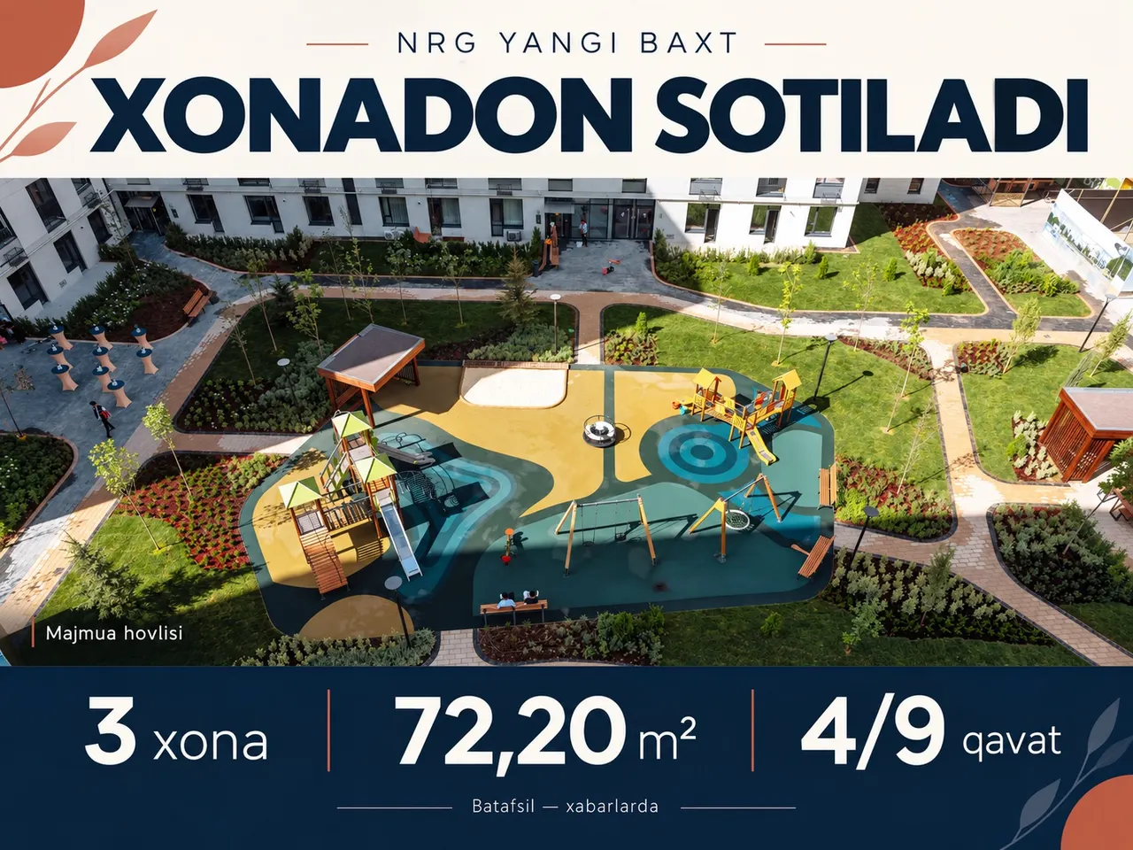 Сотилади 3 хонали квартира, 72.4 м², 4/9 қават — Яшнобод тумани