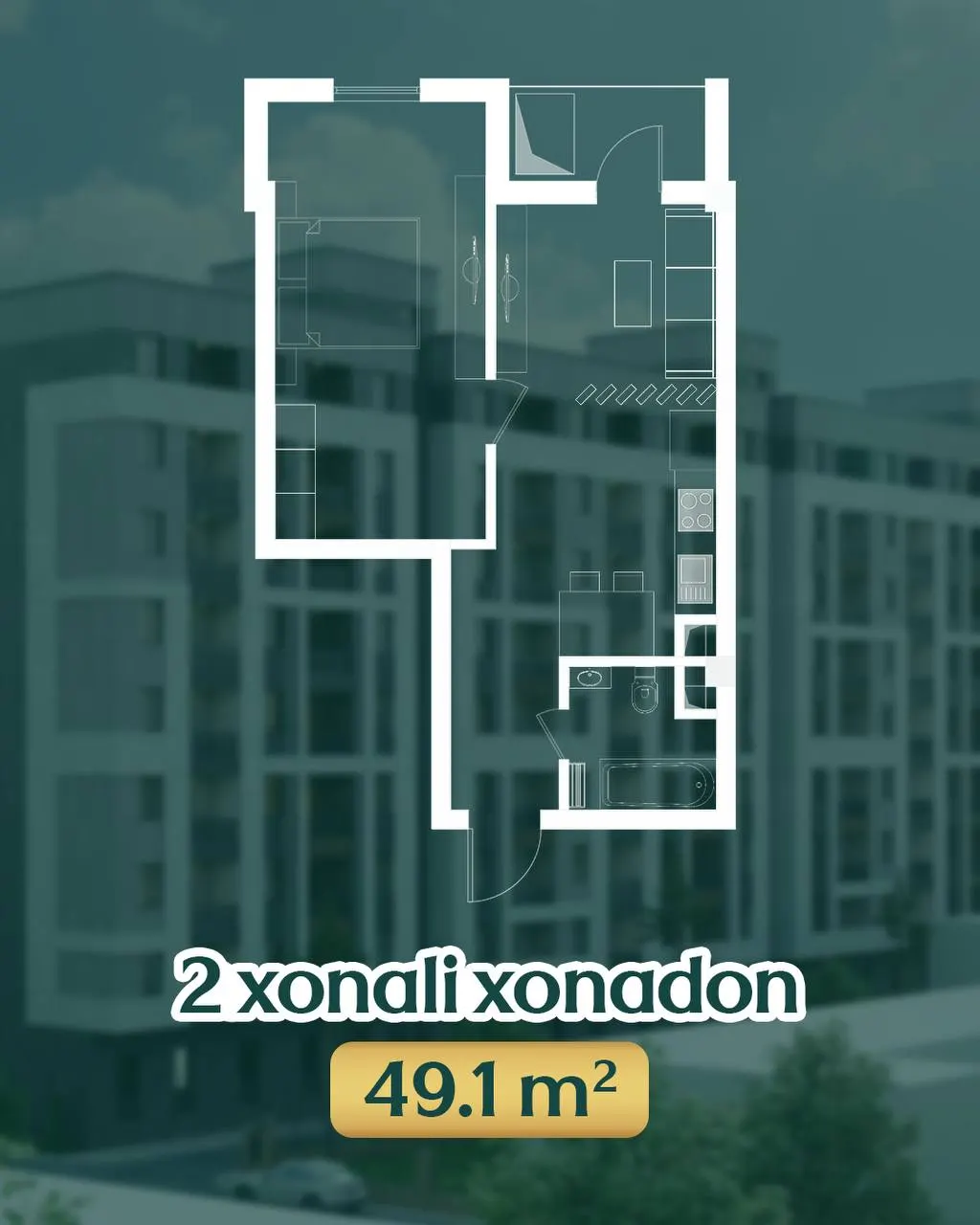 Сотилади 2 хонали квартира, 49.1 м², 6/9 қават — Тошкент тумани