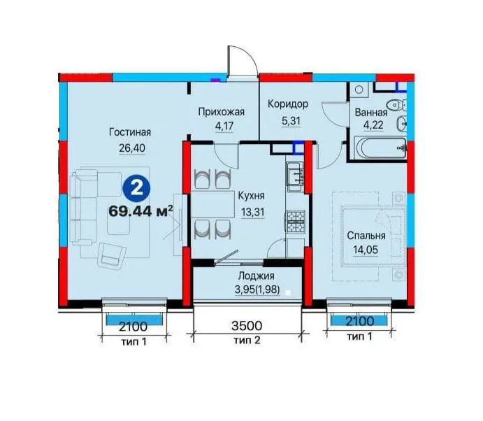 Сотилади 2 хонали квартира, 69.3 м², 5/12 қават — Олмазор тумани