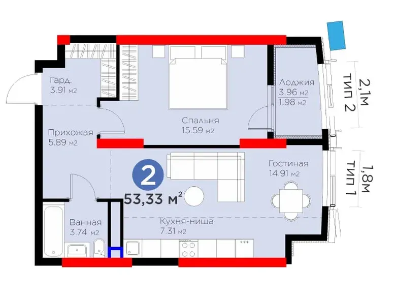Продаётся 2-комнатная квартира, 53 м², 2/16 этаж — Мирзо-Улугбекский район