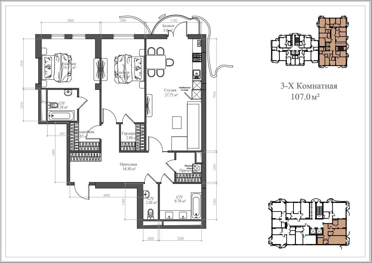 Продаётся 3-комнатная квартира, 104 м², 12/14 этаж — Мирабадский район