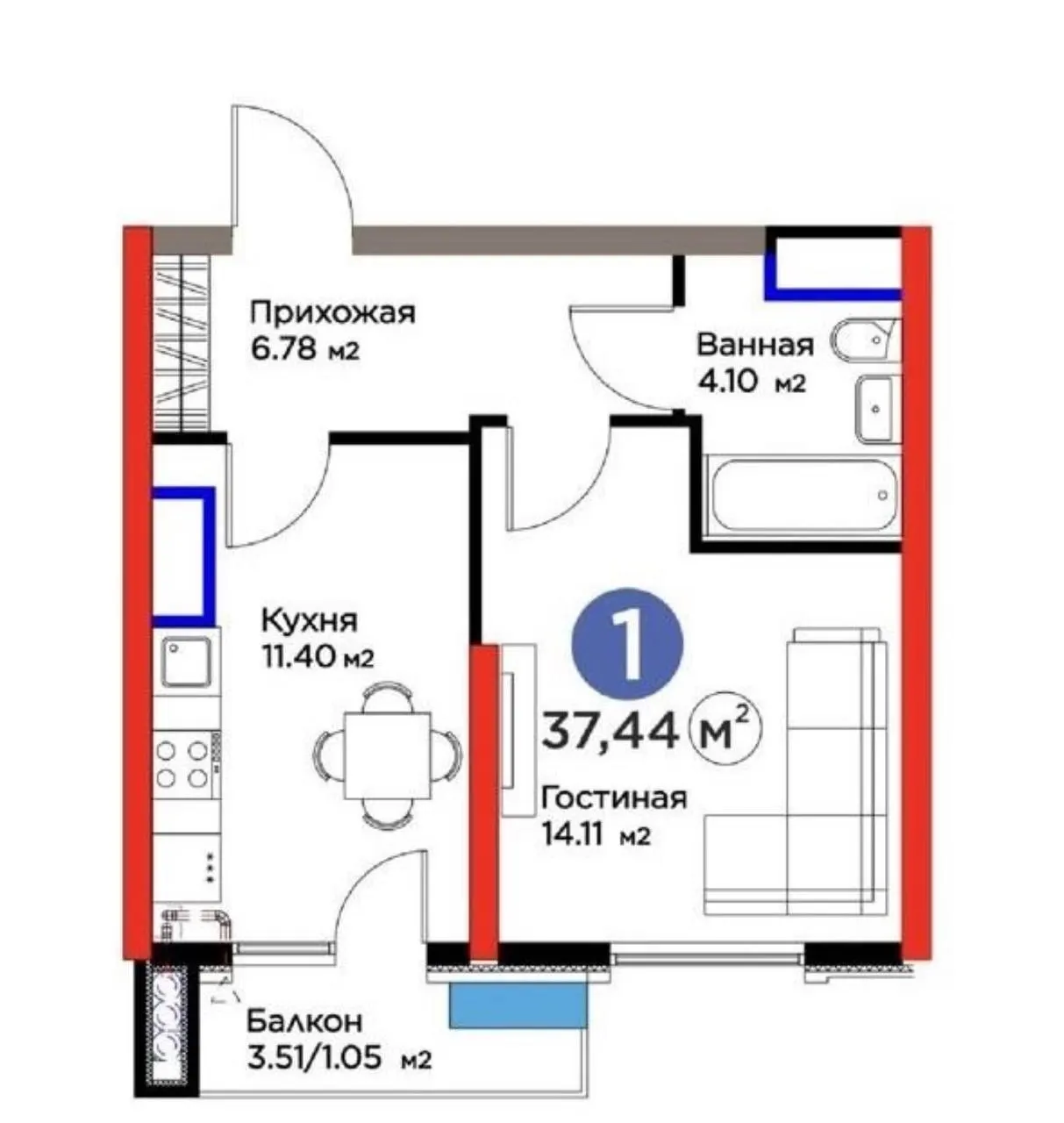 Sotiladi 1 xonali kvartira, 37 m², 4/16 qavat — Yashnobod tumani