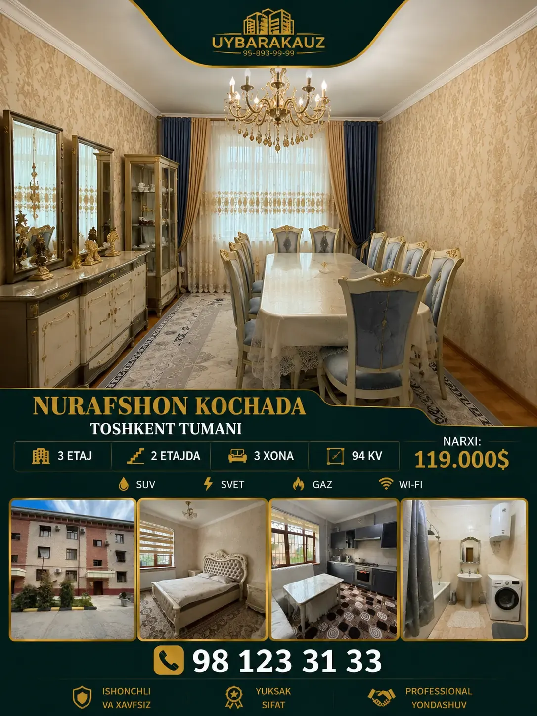 Продаётся 3-комнатная квартира, 94 м², 2/3 этаж — Алмазарский район