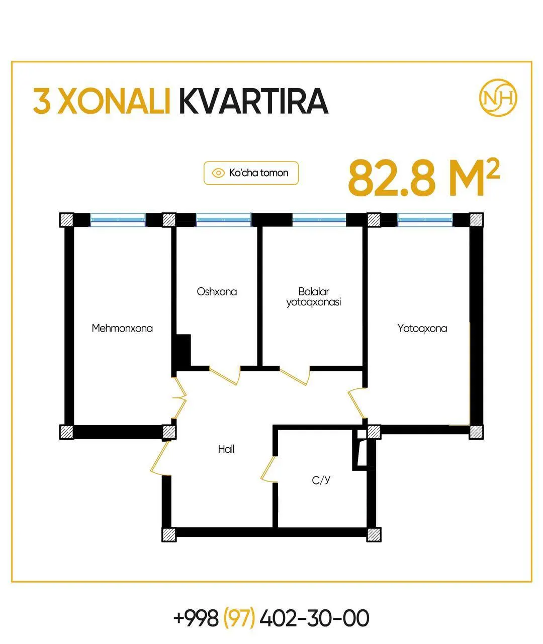 Сотилади 3 хонали квартира, 83 м², 1/6 қават — Тошкент тумани