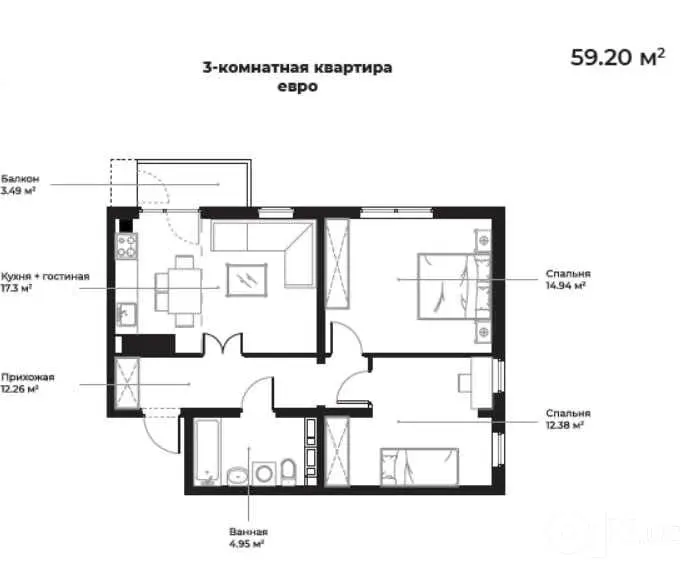 Sotiladi 3 xonali kvartira, 59,2 m², 9/14 qavat — Yashnobod tumani
