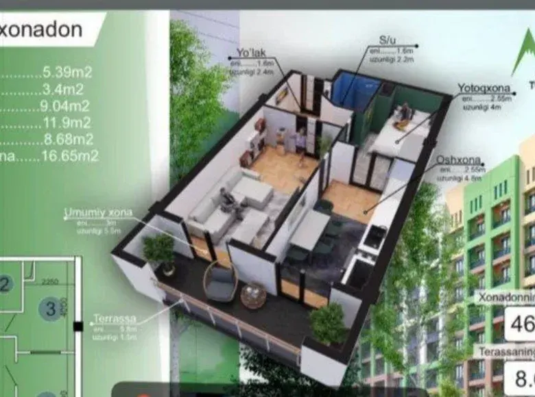 Продаётся 2-комнатная квартира, 55 м², 4/9 этаж — Кибрайский район