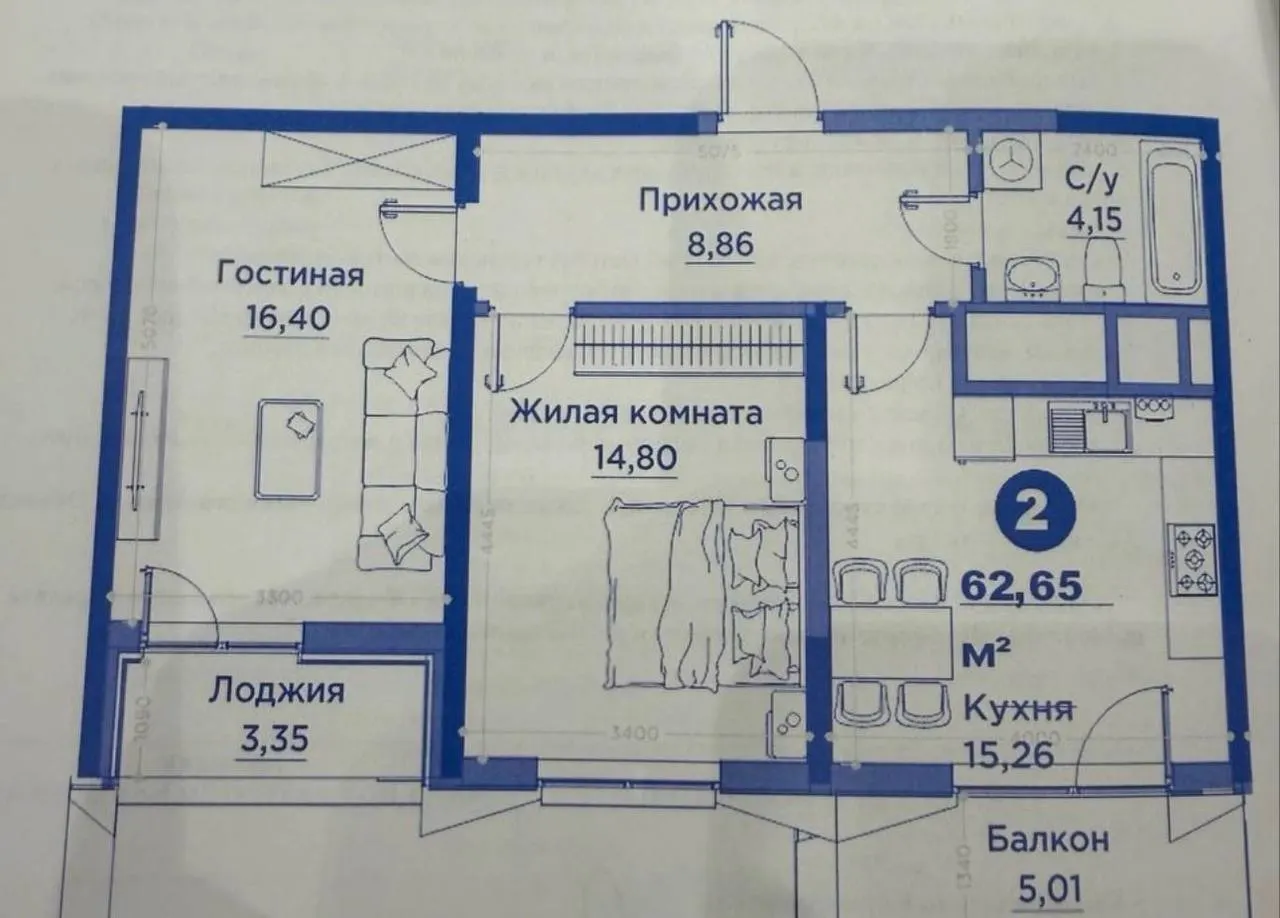 Sotiladi 2 xonali kvartira, 62.6 m², 13/15 qavat — Mirzo Ulugʻbek tumani
