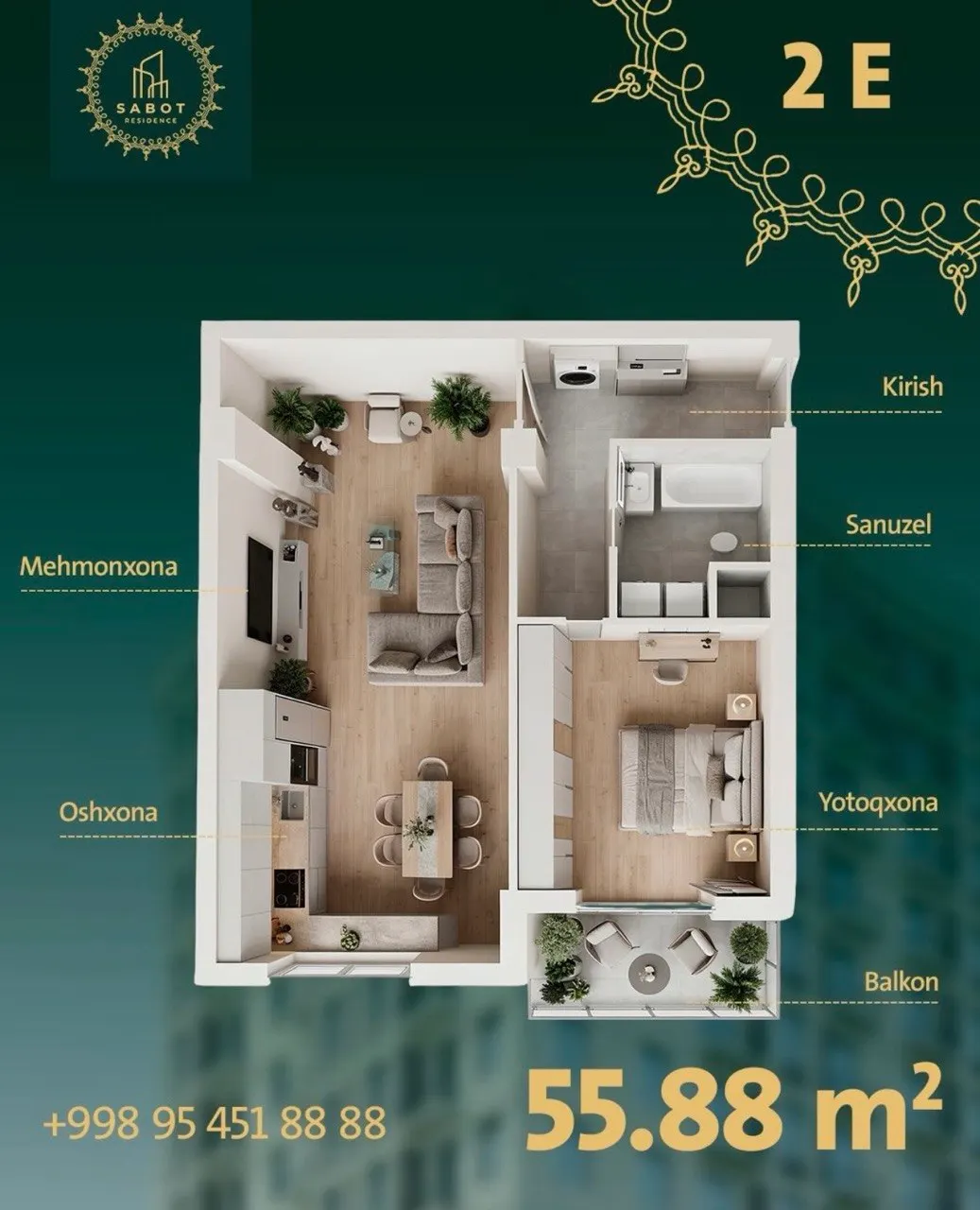Сотилади 2 хонали квартира, 55,9 м², 10/14 қават — Яшнобод тумани