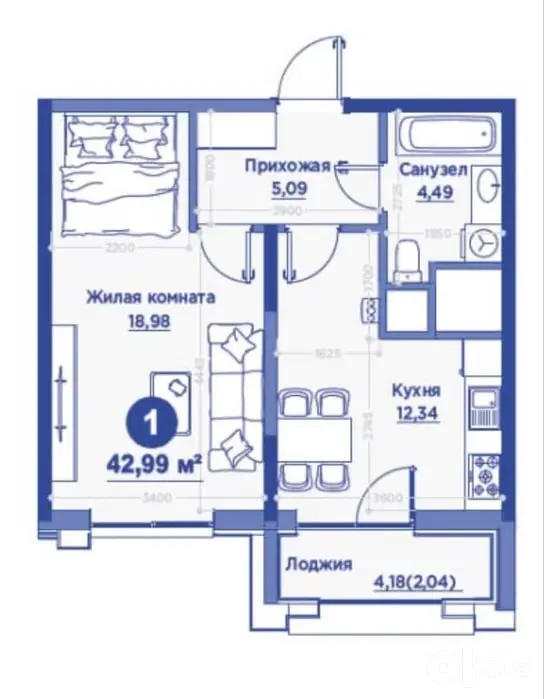 Sotiladi 1 xonali kvartira, 42 m², 4/15 qavat — Mirzo Ulugʻbek tumani