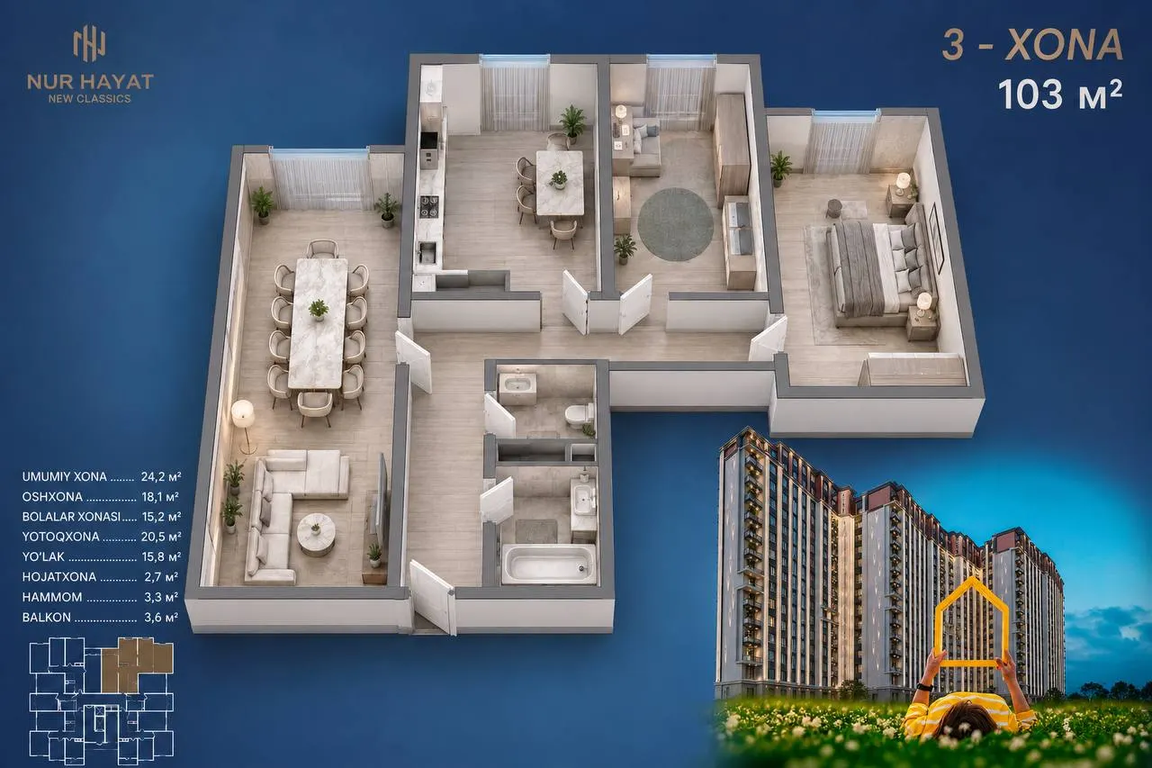 Сотилади 3 хонали квартира, 93,2 м², 10/16 қават — Янгиҳаёт тумани