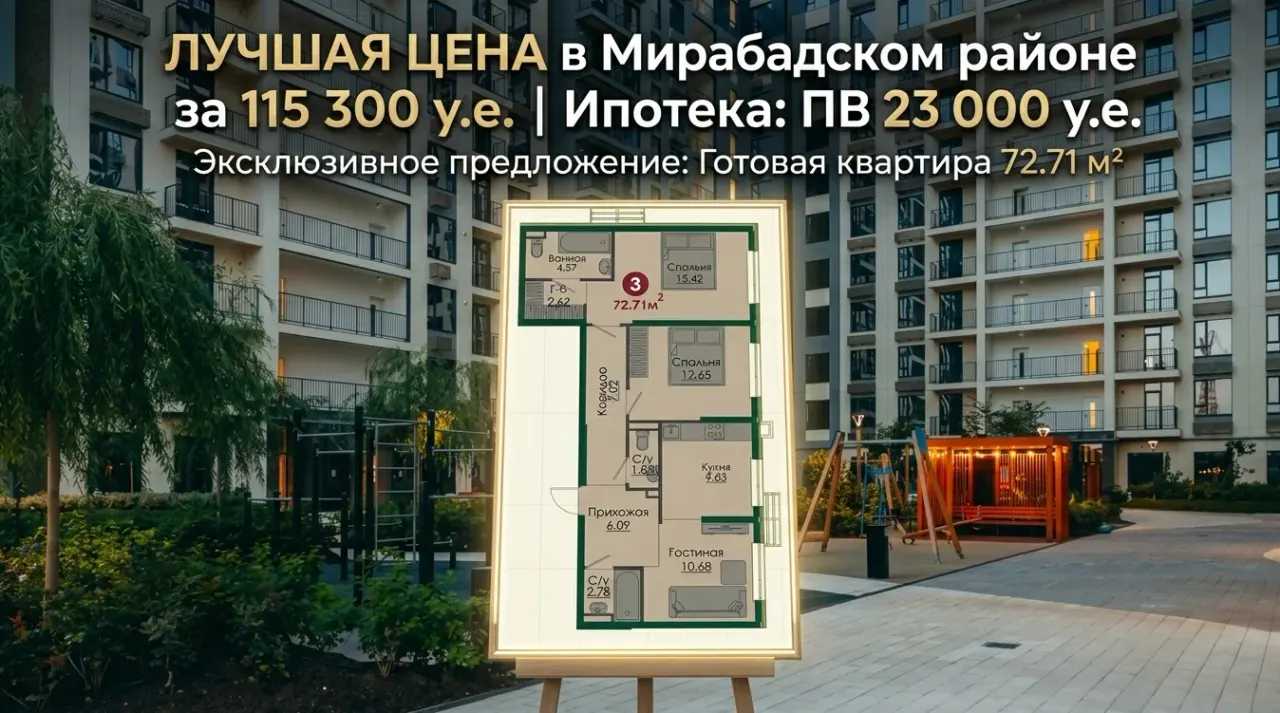 Продаётся 3-комнатная квартира, 72,7 м², 1/11 этаж — Мирабадский район